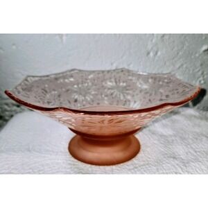 1930s Pink McKee Brocade Etched Glass Octogon Low  Pedestal Bowl Palm Pointsetta